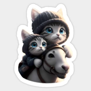 Cat & Kitten's fast ride on the horse - A feline adventure Sticker